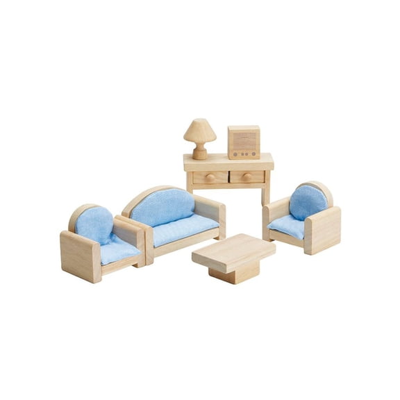 PlanToys Living Room Classic Set for Montessori Inspired Small World Play | Imaginative Storytelling, Social Interaction and Home Role Play | Eco Friendly Wooden Dollhouse Living Room Furniture