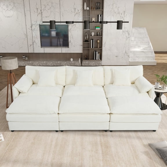 Living Room Cloud Sofa Sleeper Sectional having 3 Ottomans & Soft Pillows, Beige Oversized Deep Seat, Chenille, Spacious & Comfortable