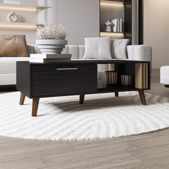 Living Room Coffee Table | Pull - Down Cabinet for Keeping Essentials and Shelf for Decor | Particle Board Build | Compact Size for Any Home