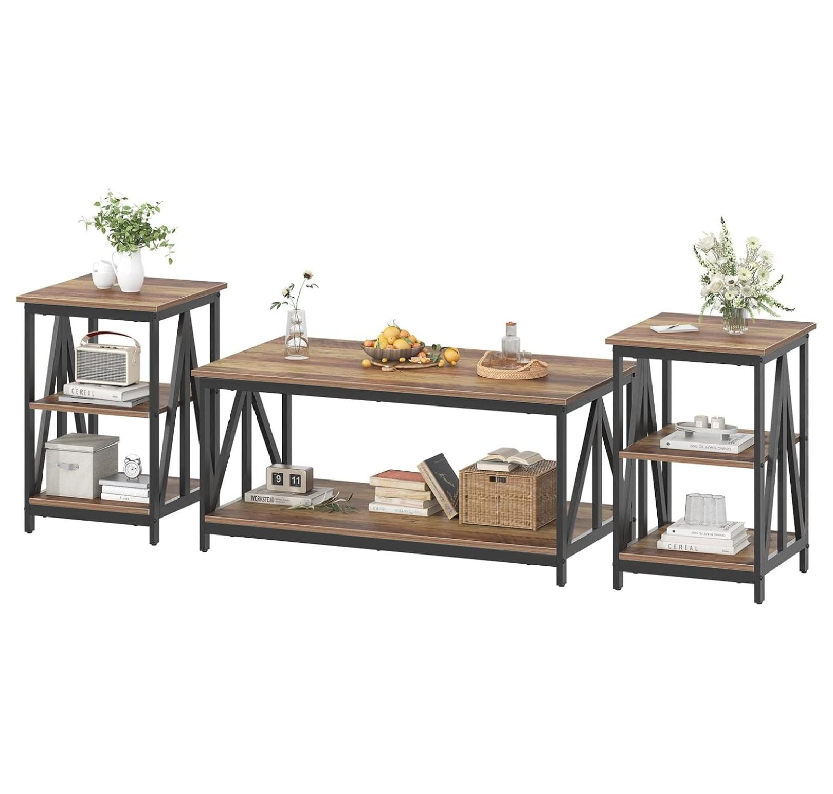Living Room Coffee Table Set of 3, Industrial TriangularDesign Coffee