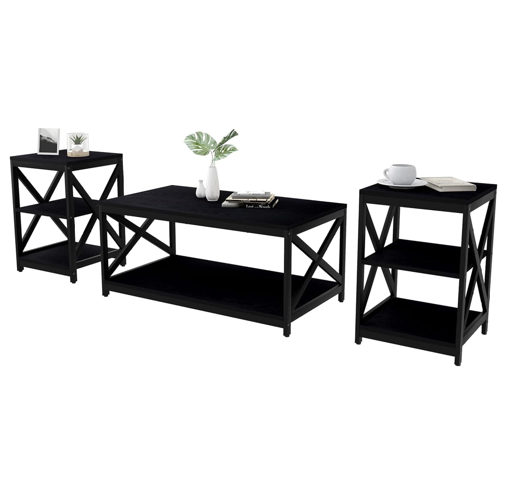 Living Room Coffee Table Set of 3, Industrial X-Design Coffee Table and 2 End Side Tables, 3 Piece Living Room Table Set with Large Storage for Apartment Home, Black