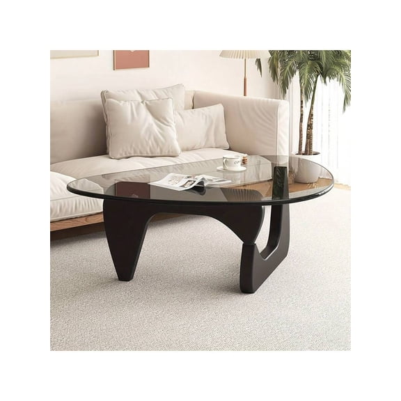 Living Room Coffee Table - A Triangular Glass Coffee Table With A Wooden Base. Abstract Dining Table, Study Room, Office, Hotel Balcony (Walnut TransparentWoodBlack Tea Table)