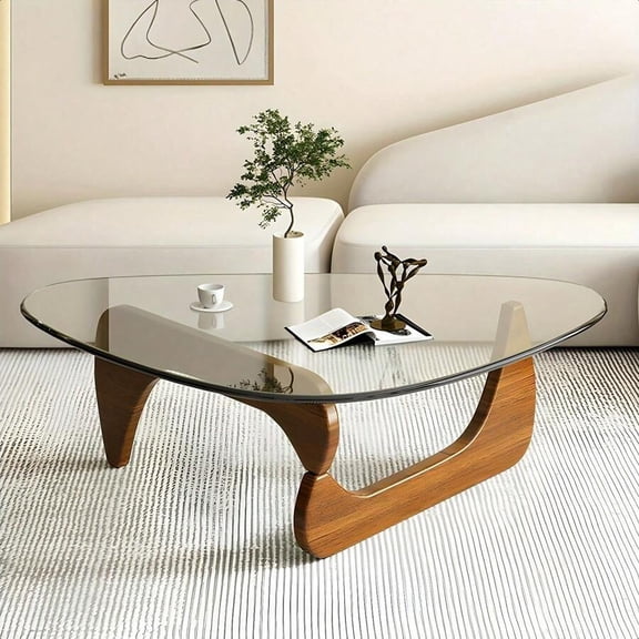 Living Room Coffee Table - A Triangular Glass Coffee Table With A Wooden Base. Abstract Dining Table, Study Room, Office, Hotel Balcony (Walnut TransparentWoodBlack Tea Table), Versatile