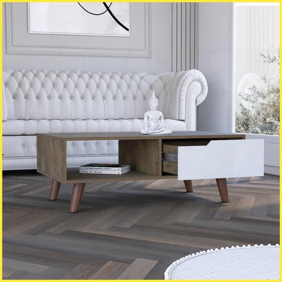 Living Room Coffee Table with Drawer & Open Shelf, Dark Brown/White Finish, Durable Superior Top (23.62"D x 39.61"W)