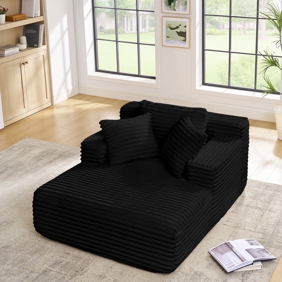 Living Room Compressed Chaise Lounge Foam Sofa Bed, Fluffy Corduroy Upholstered Cloud Couch with Deep Seat (Black)