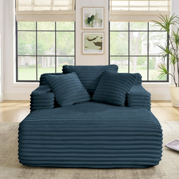 Living Room Compressed Chaise Lounge Foam Sofa bed, Fluffy Corduroy Upholstered Cloud Couch with Deep Seat, Blue