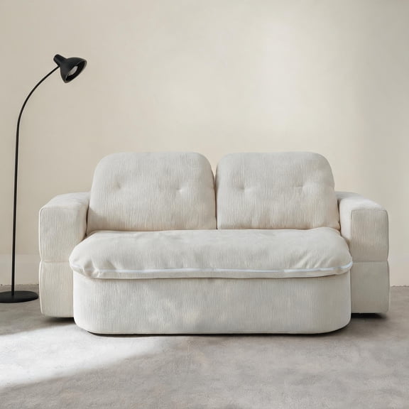 Living Room Convertible Floor Sofa, Linen Beige, Zero-Assembly Sleeper with Concealed Quilt