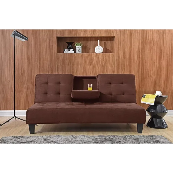 Living Room Convertible Futon Sofa Bed, Tufted Upholstered Sleeper Sofa with Drop Down Tray, Brown