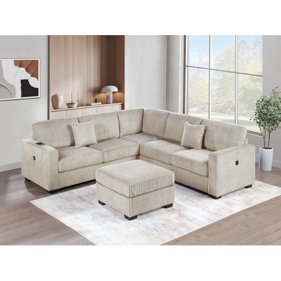 Living Room Corduroy Upholstered Camel 4pc Sectional Set RAF/LAF One-Arm Loveseat W/USB, Corner Wedge, Cocktail Ottoman Cushion Couch