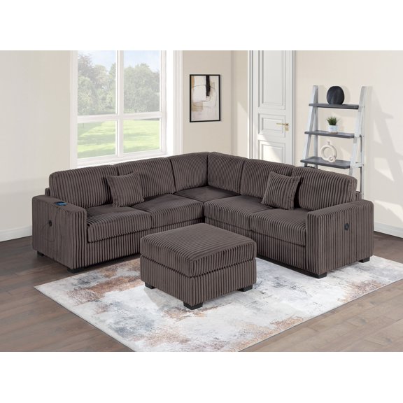 Living Room Corduroy Upholstered Chocolate 4pc Sectional Set RAF/LAF One-Arm Loveseat W/USB, Corner Wedge, Cocktail Ottoman Cushion Couch