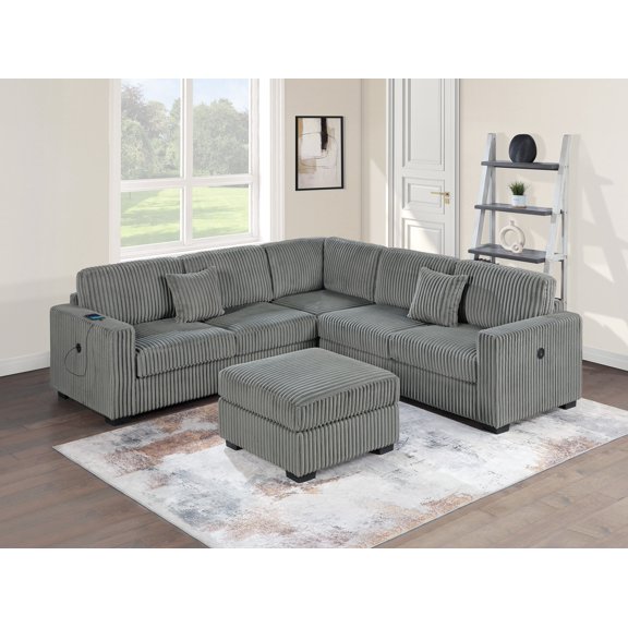 Living Room Corduroy Upholstered Smoke 4pc Sectional Set RAF/LAF One-Arm Loveseat W/USB, Corner Wedge, Cocktail Ottoman Cushion Couch