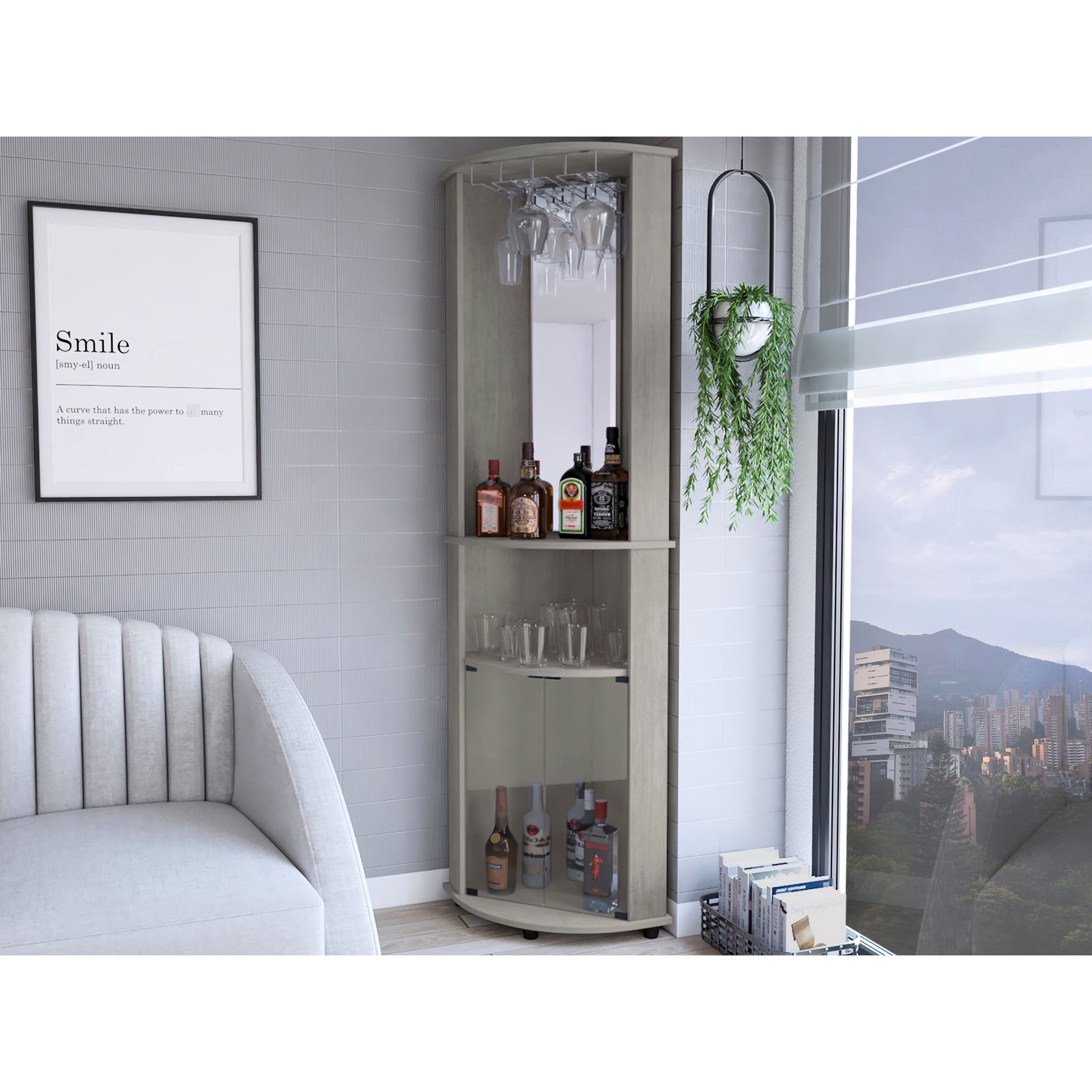 Living Room Corner Bar Cabinet In Concrete Gray, 3 Shelf Space Saving Advantage, Assembly Required Space Shelves, Needed