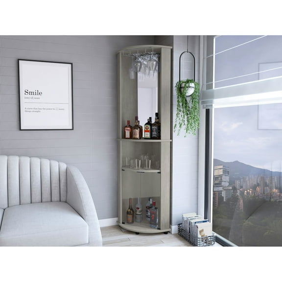 Living Room Corner Bar Cabinet In Concrete Gray, Save Space With 3 Shelves, Assembly Needed Gray Area, Shelf Saving Quality, Required