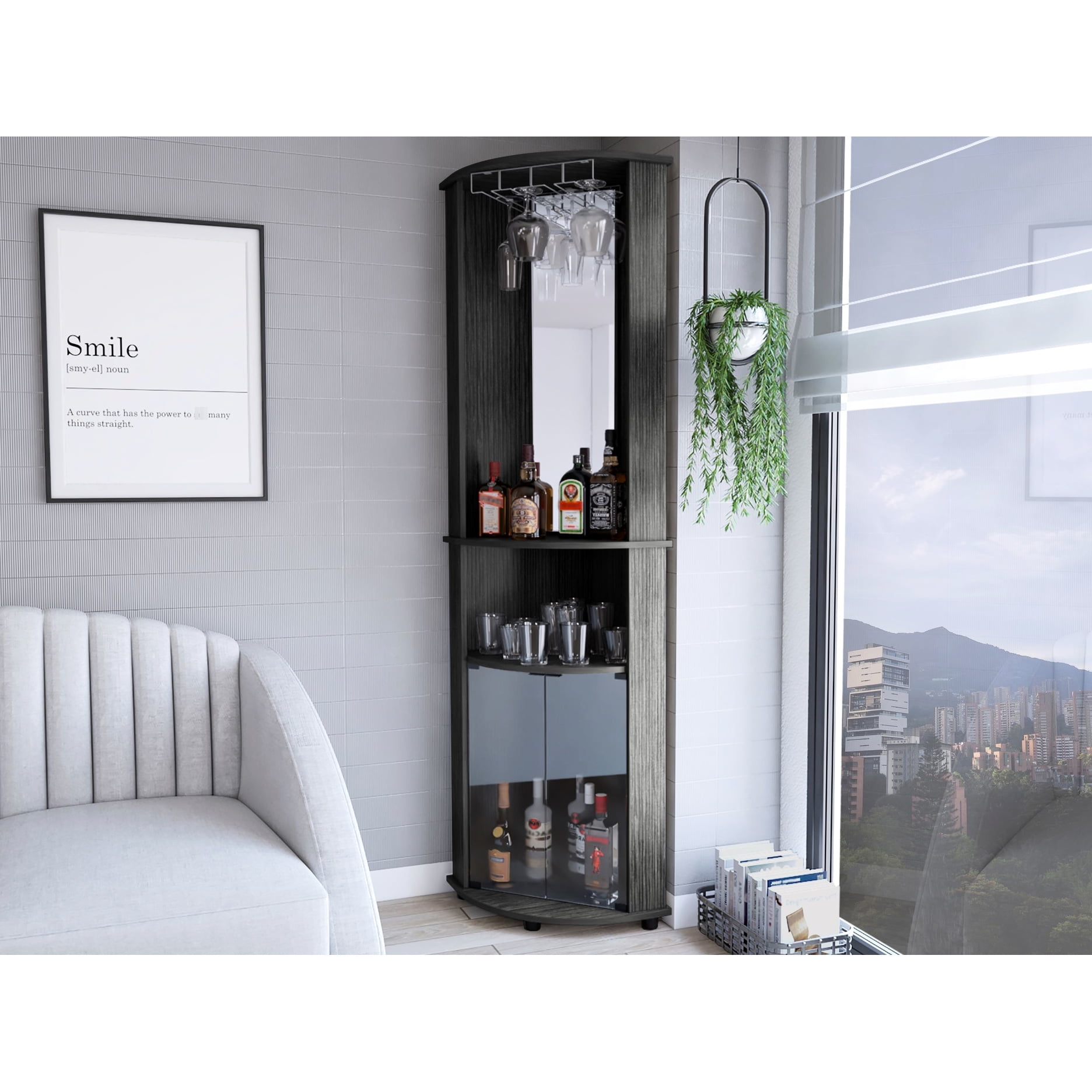 Living Room Corner Bar Cabinet , Oak Style, 3 Shelves, Space Saving Piece, 73.95" H X 17.61" W D, Ready To Build, Gray, Engineered Wood Space-saving Construct,
