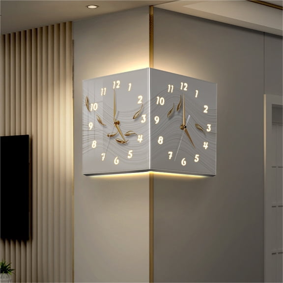 Living Room Creative Corner Clock Wall Lamp, Double-Sided Corner Hanging Clock, Decorative Silent Light-Up Clock for Home Decoration