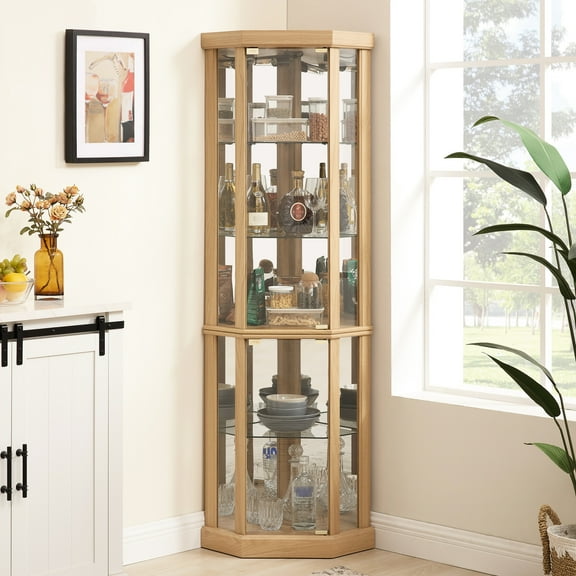 Living Room Curio Showcase - 16.01in Width, Oak, Attractive Elegant Lighted Cabinet Oak Finish, 2-section Storage, Spacious Interior