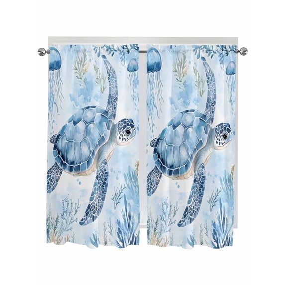 Living Room Curtains 72 Inches length, Blue Turtle Coastal Window Treatment Curtain Drapes, Coral Beach Nautical Ocean Light Filtering Drapes for Bedroom Laundry Room, 52"x72", 2 Panels
