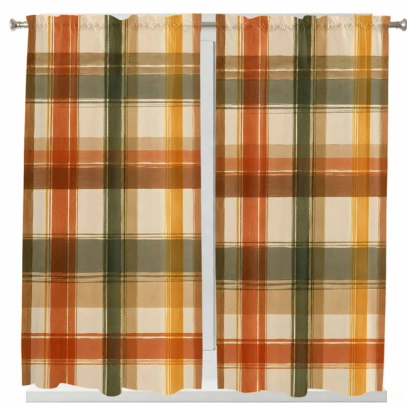Living Room Curtains 72 Inches length, Orange Green Checked Window Treatment Curtain Drapes, Fall Thanksgiving Buffalo Plaid Light Filtering Drapes for Bedroom Laundry Room, 52"x72", 2 Panels