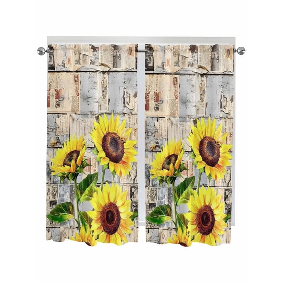 Living Room Curtains 72 Inches length, Sunflowers Window Treatment Curtain Drapes, Botanical Floral Farmhouse Retro Wood Grain Light Filtering Drapes for Bedroom Laundry Room, 52"x72", 2 Panels