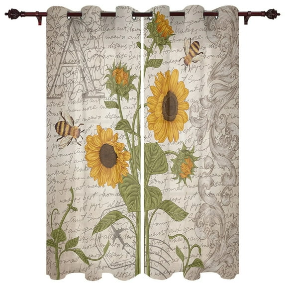 Living Room Curtains Damask Pattern Sunflower Bee Modern Home Decor Bathroom Kitchen Bedroom Balcony Floor Valance Curta