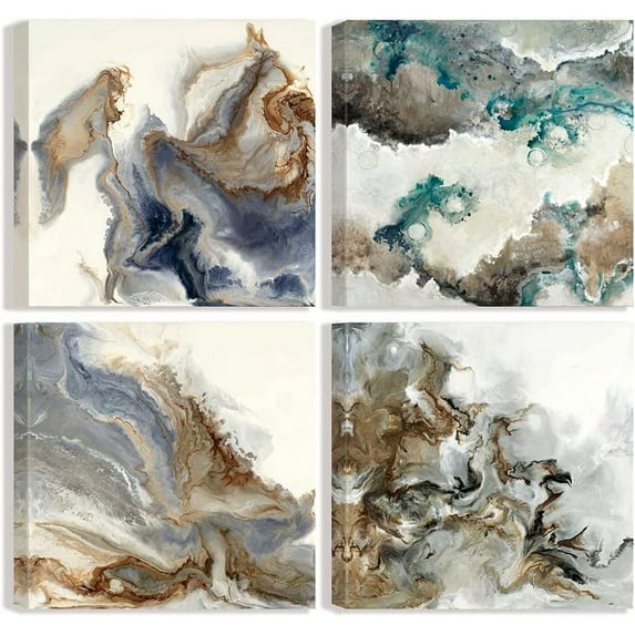 Living Room Décor Turquoise Abstract Canvas Wall Art Light Luxury Marble Texture Painting Pictures Prints for Bedroom Bathroom 4 Pieces Modern Artwork 12"x12"