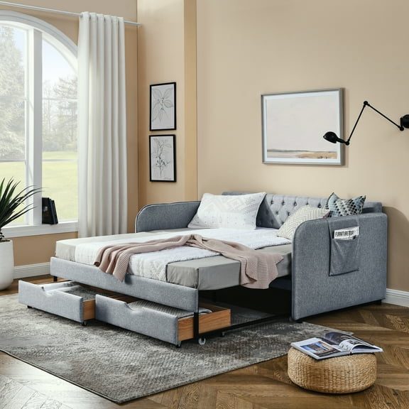 Twin Size Upholstered Daybed with Trundle - Grey Linen, 2 Storage Drawers & Extendable King Option