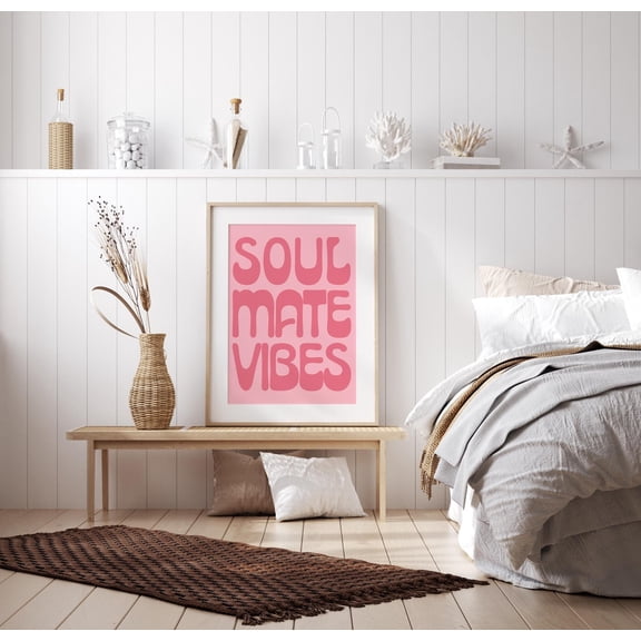 Living Room Decor Boho Style Retro Lettering Soulmate Vibes Pink Wall Art Relaxed Atmosphere Bedroom Office Typography, Unframed Poster
