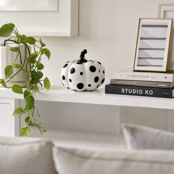 Living Room Decor, Shelf Decorations for Living Room, Coffee Table Decor for Living Room, Housewarming Decorations, Polka Dot Art Round White Pumpkin 4.5X4.5 in Freestanding