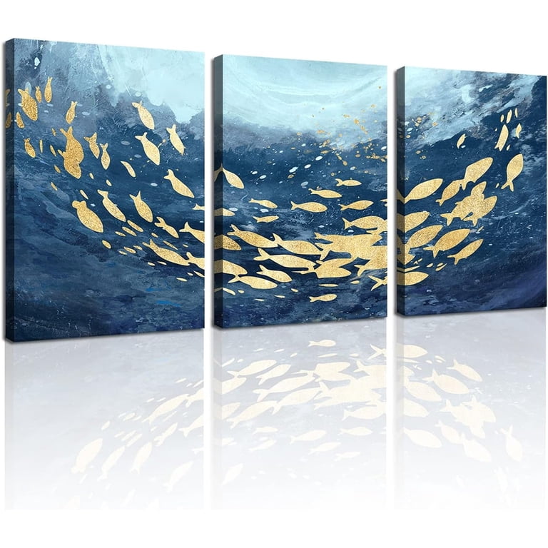Living Room Decor Wall Art - Navy Blue Abstract Ocean Fish