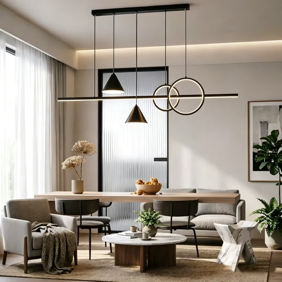 Living Room Decorative Chandelier, Modern Simple Linear Geometric Design, 45W LED Light Source, 3Color Stepless Dimming - With Remote Control