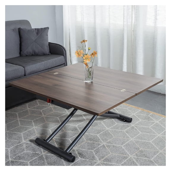 Living Room Dinning Tables Folding Metal Lift Bracket Multifunction Transform Dinner Kitchen Coffee Tea End Table in Home Wood Desktop Design 40x35 Walnut