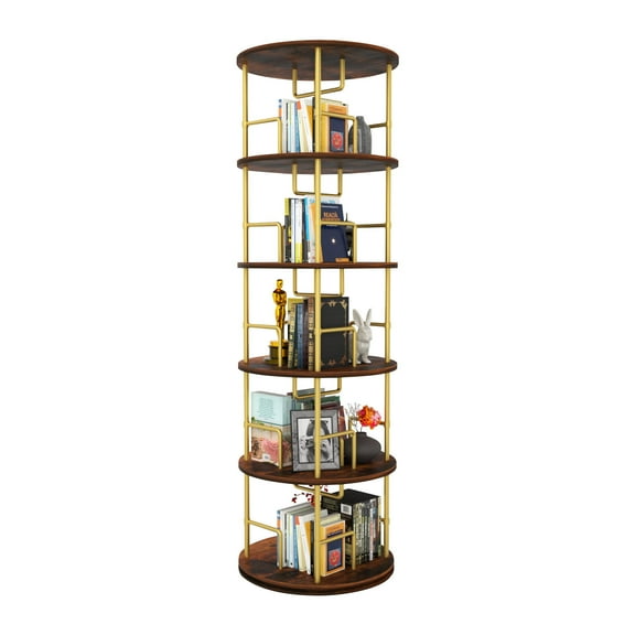Living Room Display Shelves 5 Tier Rotating Bookshelf, 360° Display Round Spinning Bookshelf, Wood & Metal Stackable Spinning Bookshelf Tower, Space Saving Floor Standing Swivel Bookcase for Bedroom