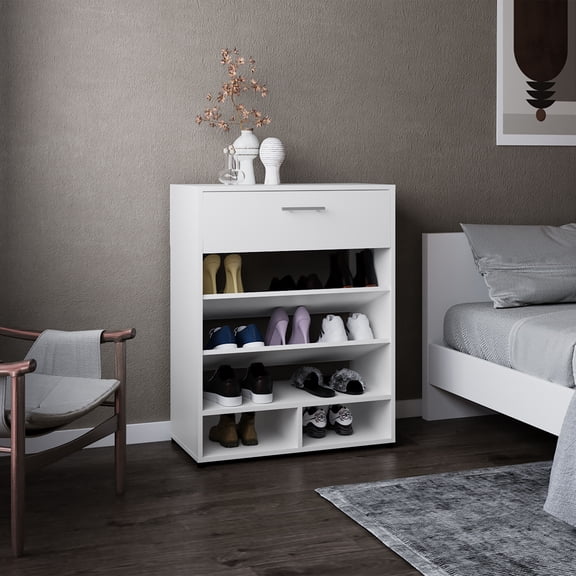 Living Room Display Shelves Alpine Shoe Rack, 3-Tier, One Drawer, Five Shelves, Shoe Storage, White,Living Room Shelving Units