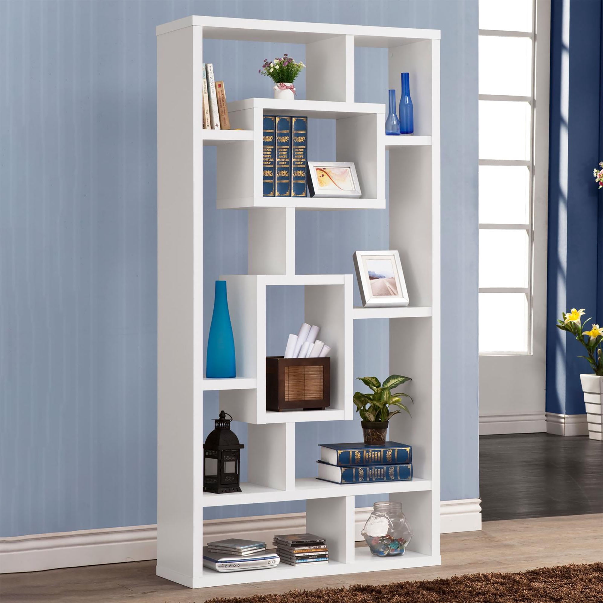 Living Room Display Shelves, White 10Shelf Open Back Bookcase, Living