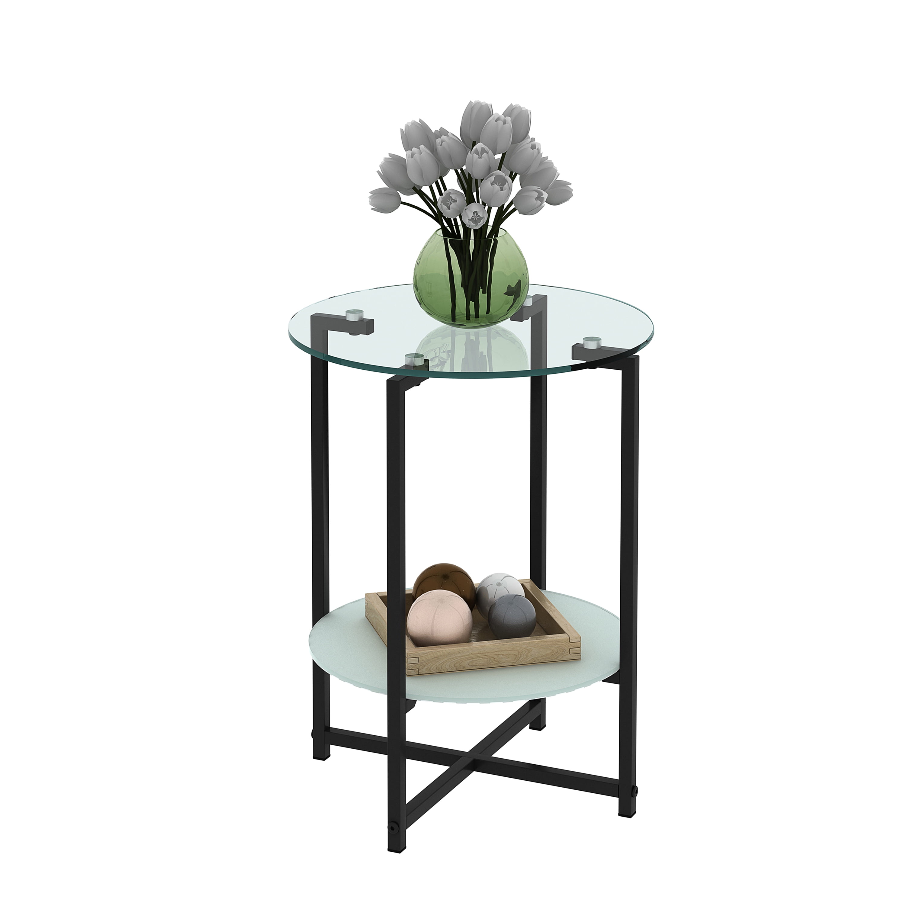 Living Room End Table, Glass Coffee Table With Iron Frame, Tempered