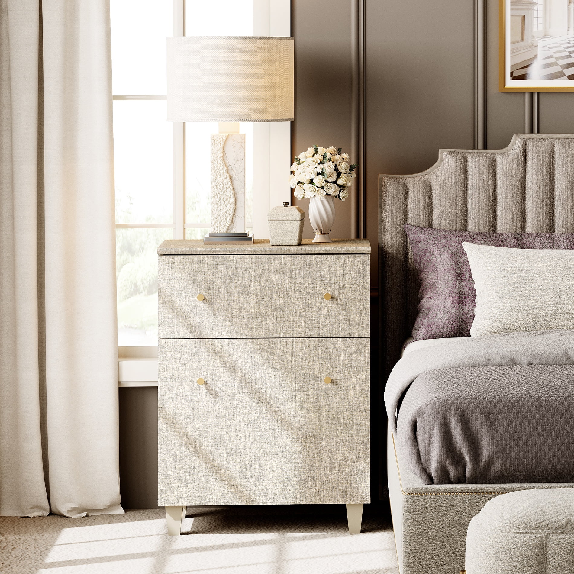 Living Room End Table, Large Sofa Side Tables with 1 Drawer and 1 Door, Beige Fabric Texture Finish Nightstand for Bedroom