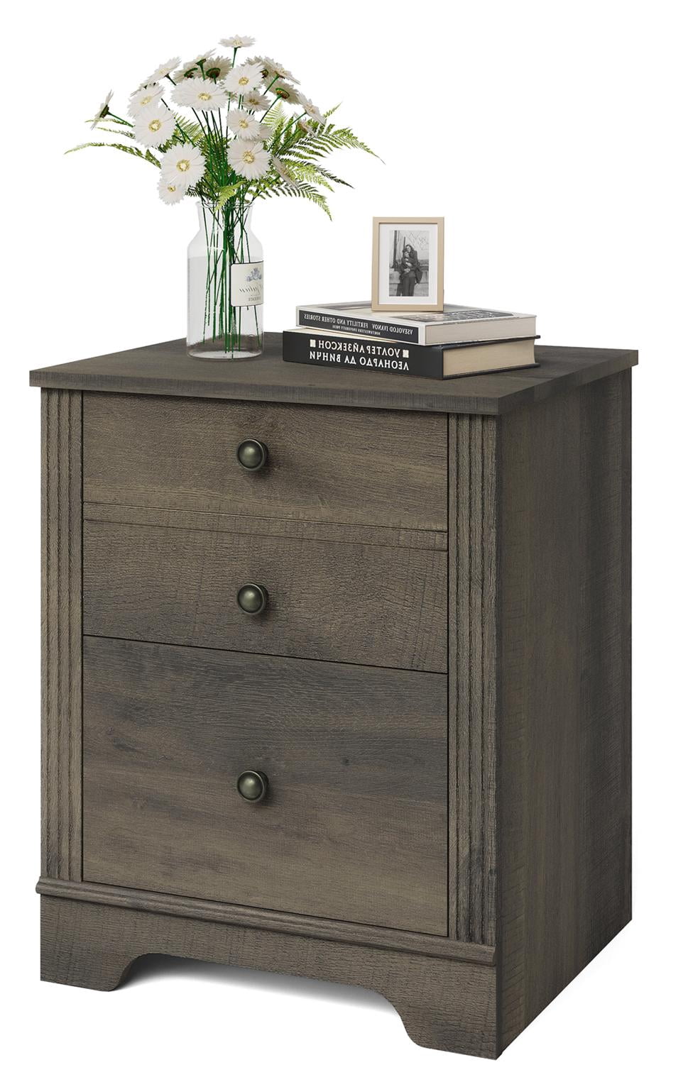 Living Room End Table, Sofa Side Table with 2 Drawers, Grayish Brown Wood Nightstand for Bedroom