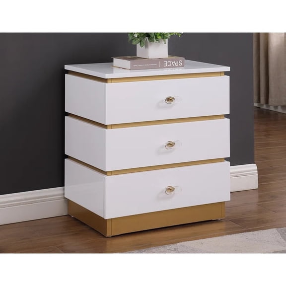 Living Room End Table with 3 Storage Drawers in White Lacquer, Brushed Gold Finish