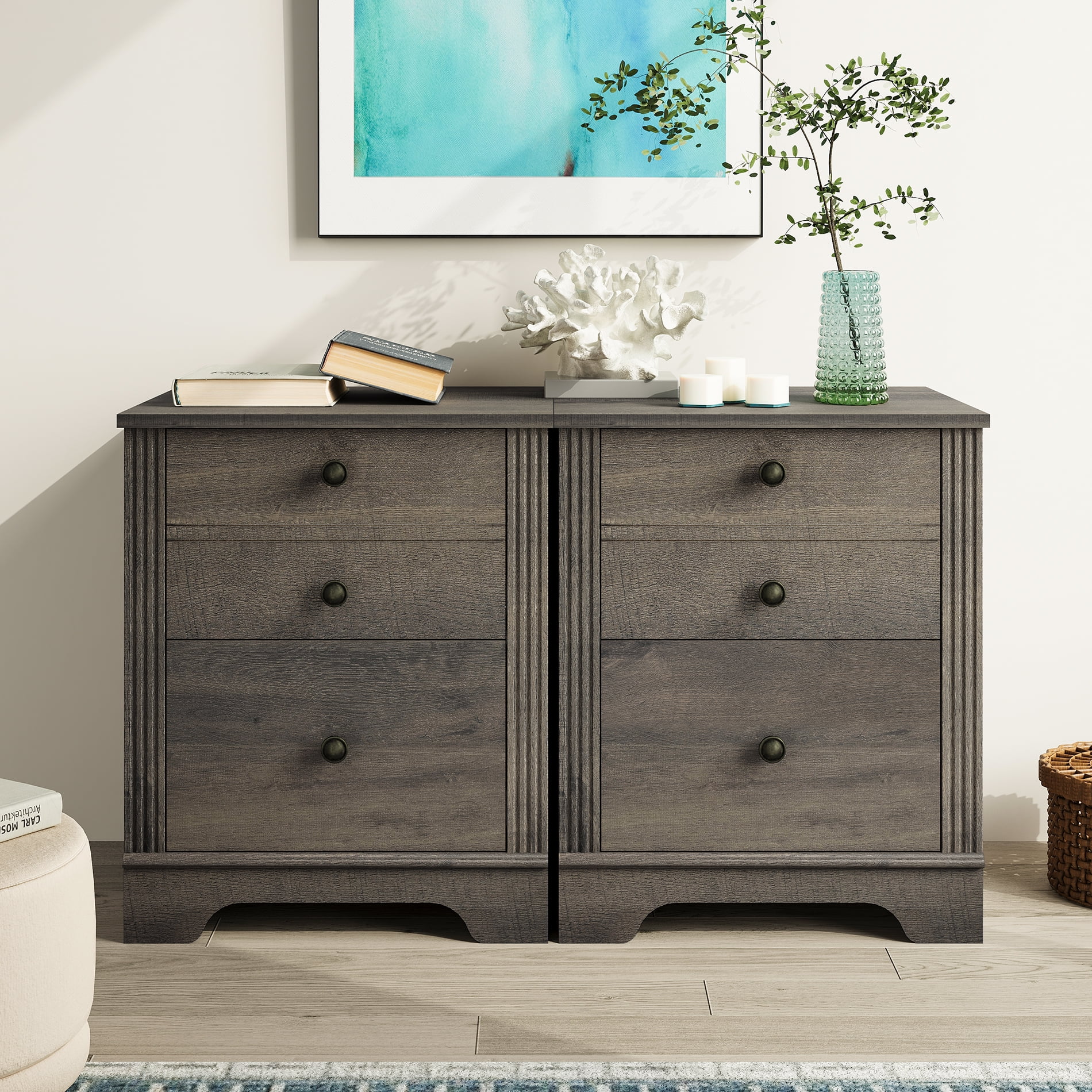 Living Room End Tables, 2 Pieces Sofa Side Tables with 2 Drawers, Grayish Brown Wood Nightstands for Bedroom