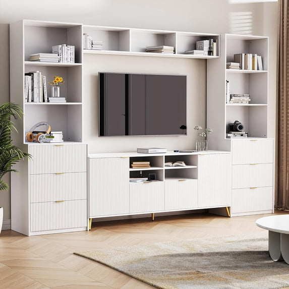 Living Room Entertainment Center Wall Unit TV Stand for TVs Up to 70'', 4-Piece Large Media Center with 8 Drawers and 2 Cabinets and Bookcase for Living Room, White