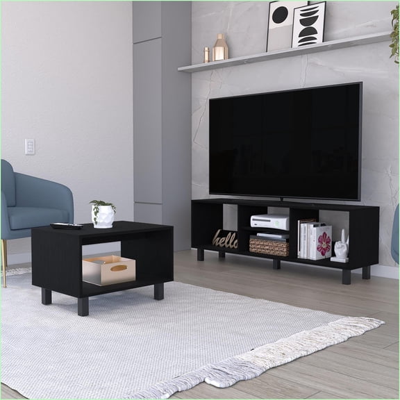 Living Room Entertainment Set with TV Rack & Coffee Table, Contemporary Engineered Wood | Black | Contemporary
