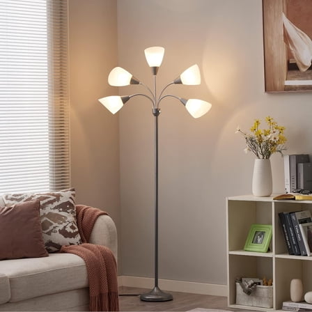 Living Room Floor Lamp + Adjustable 5-Head Silver Lamp - Hot Deal Lighting - Comfortable Ambient Light for Everyday Use - Great for Adults & Home Decor
