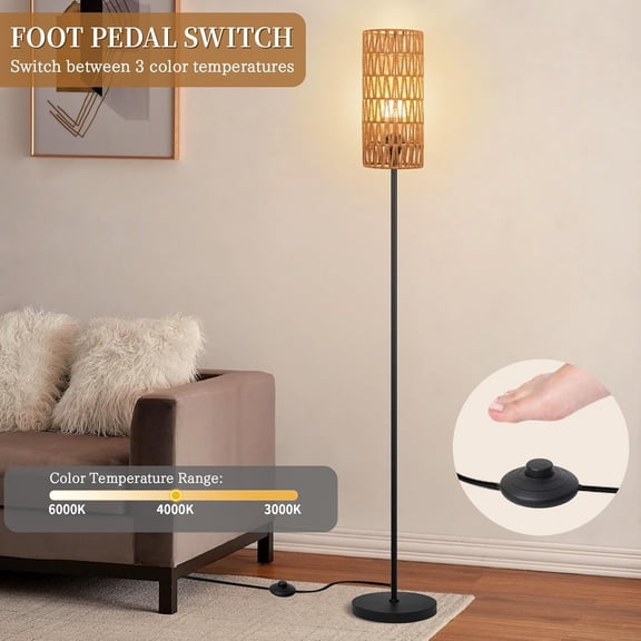 Living Room Floor Lamp + Neutral Rattan Shade - Hot Deal Lighting - Soft Light for Relaxing & Home Decor - Ideal for Adults & Teens