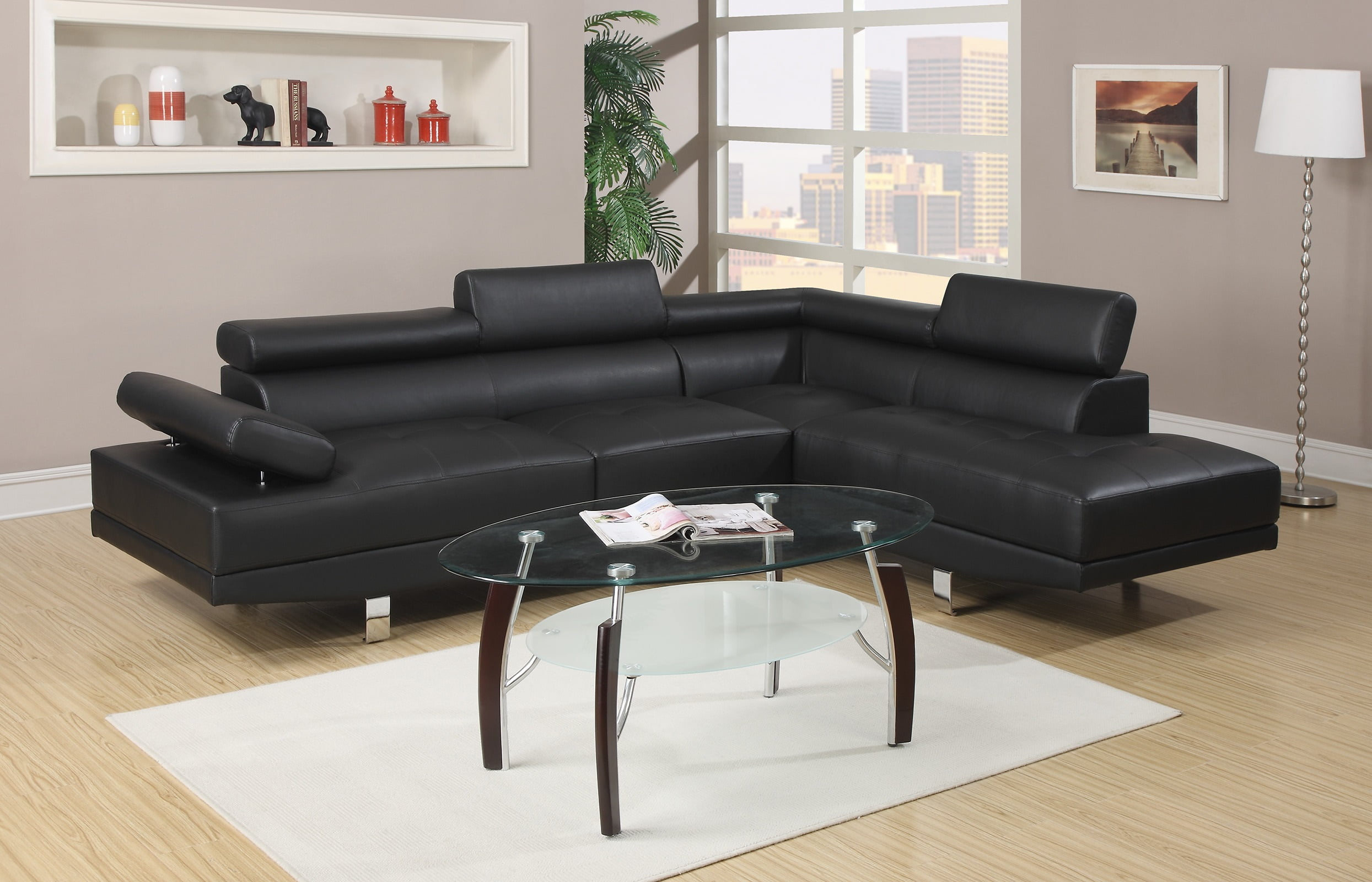 Living Room Formal Look Contemporary Black Faux Leather Couch Chaise ...