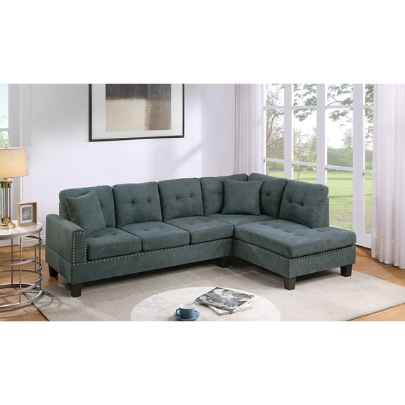 Living Room Furniture 2-PCS Sectional Sofa Set LAF Sofa And RAF Chaise Ash Black Color Tweeted-Like Velvet Tufted Couch Nailheads