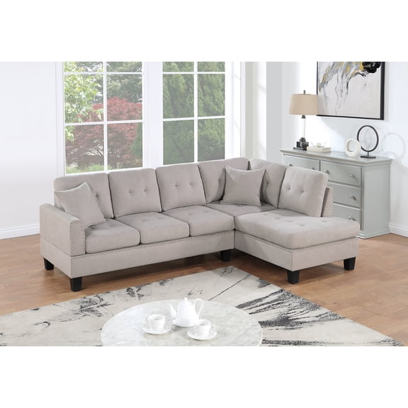 Living Room Furniture 2-PCS Sectional Sofa Set LAF Sofa And RAF Chaise Mushroom Color Tweeted-Like Velvet Tufted Couch Nailheads