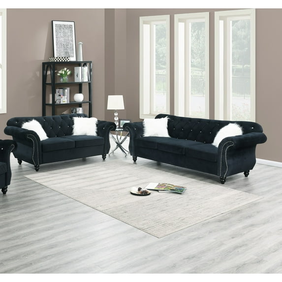Living Room Furniture 2pcs Sofa set Black Velvet Fabric Luxurious Tufted Sofa And Loveseat Couch Plush Cushions