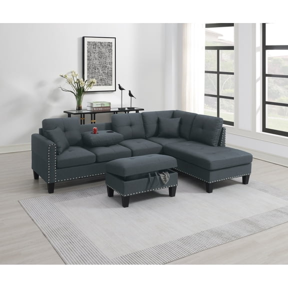 Living Room Furniture 3-PCS Sectional Sofa Set Chaise And Storage Ottoman Cup Holder Linen-Like Fabric Couch