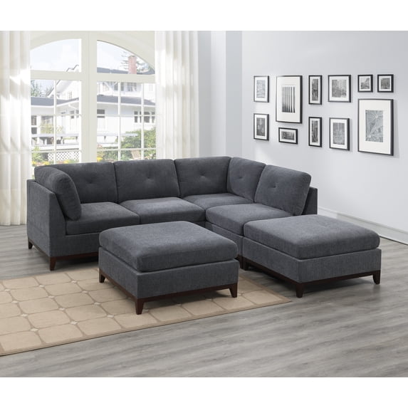Living Room Furniture Ash Gray Chenille Fabric 6pcs Sectional Sofa Set Contemporary Cushion Couch Ottoman Wedge Chairs