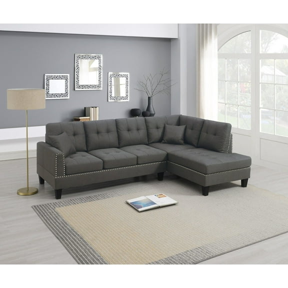 Living Room Furniture Dark Coffee Fabric Tufted Cushion Couch 2pc Sectional Set RAF Chaise LAF Sofa